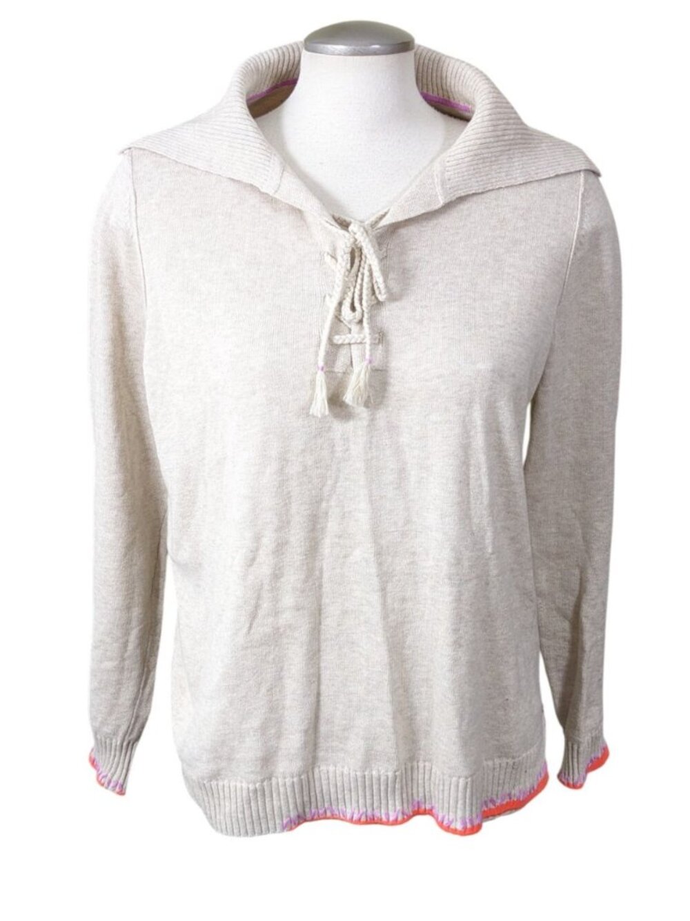 Lisa Todd Tie Breaker Sweater Beige Large Collared Preppy Designer Minimalist